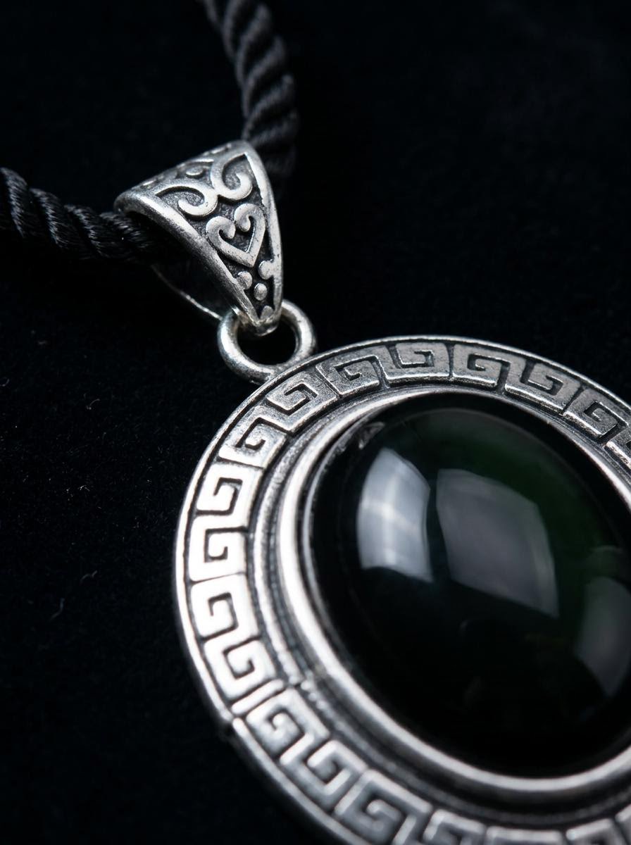 Tibetan Silver Inlaid Obsidian Protection Necklace