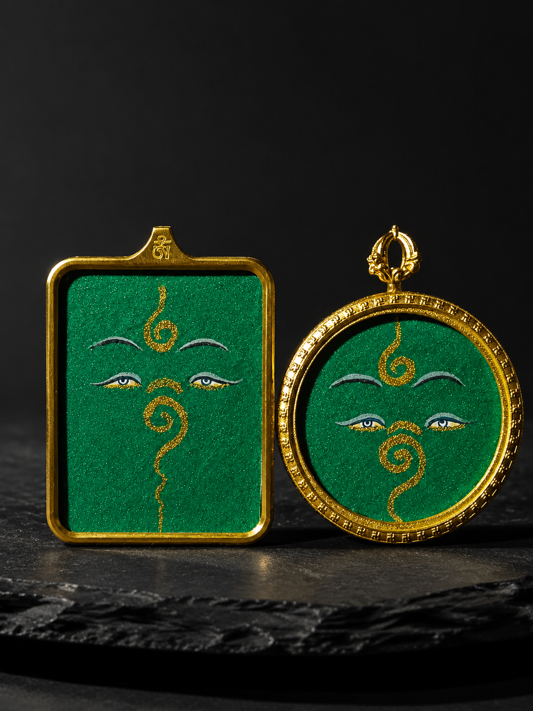 Hand-Painted Tibetan Thangka Pendant - Green Tara Buddha Eye Amulet
