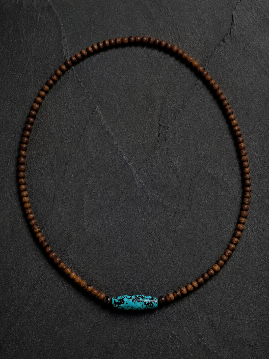 Vintage Tibetan Wooden Beaded Necklace with Turquoise Barrel