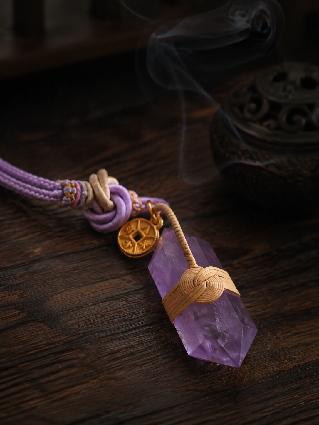 Handmade Amethyst Crystal Rattan Woven Fortune Pendant