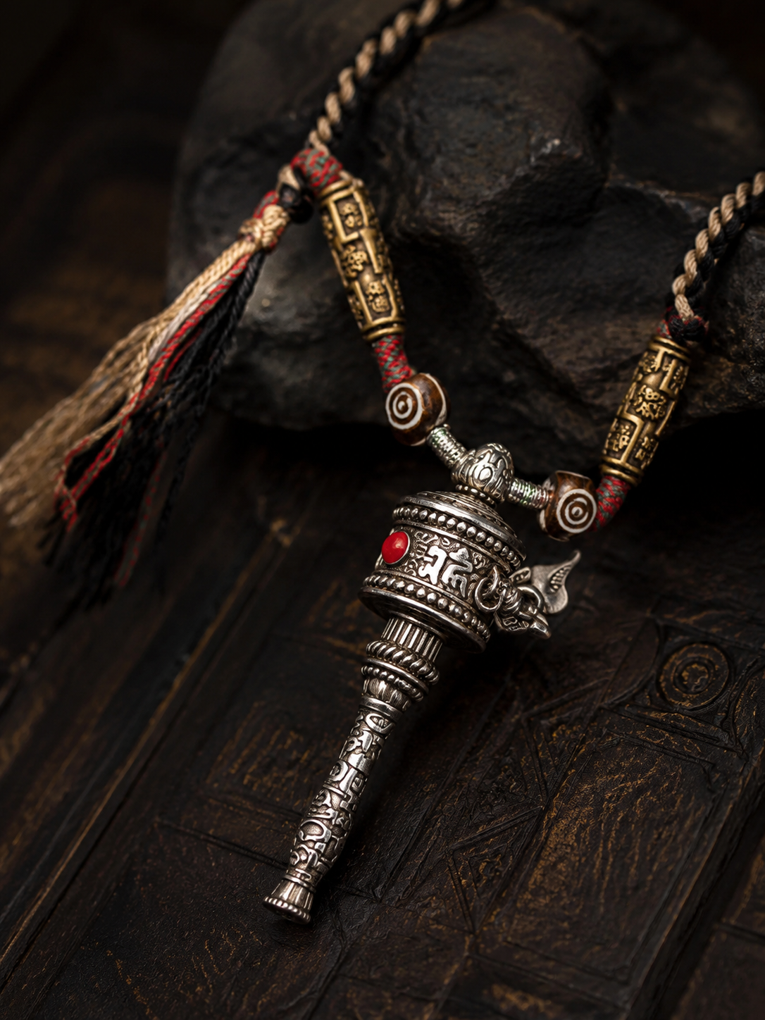 Handmade Tibetan Prayer Wheel Necklace Vintage Braided Rope