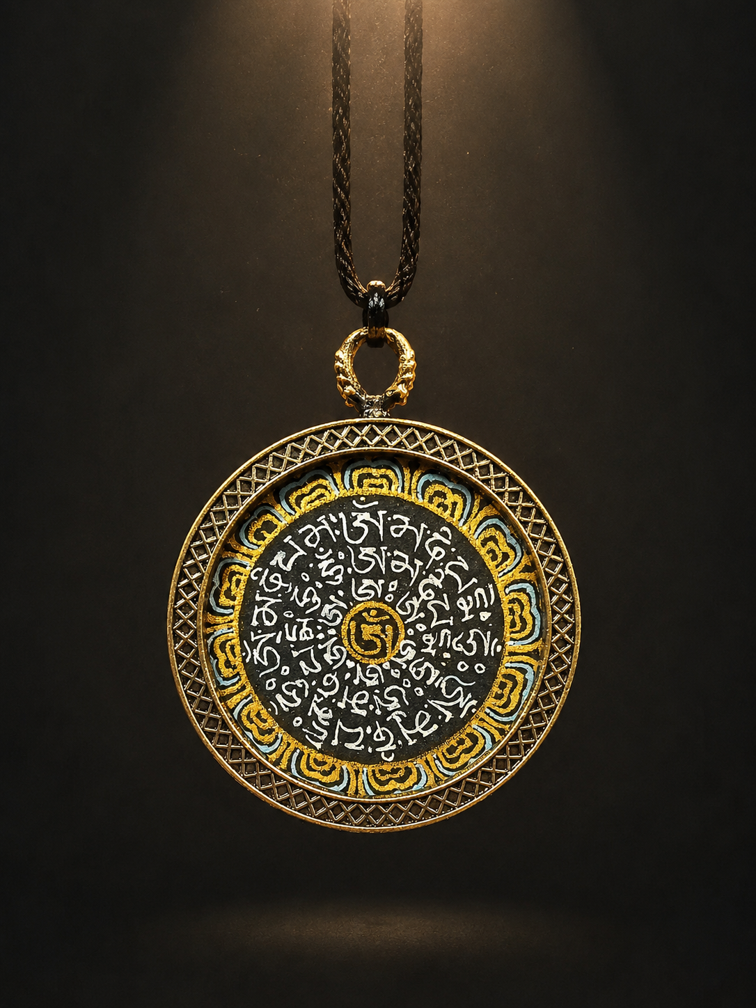 Hand-Painted Tibetan Thangka Mantra Amulet Pendant