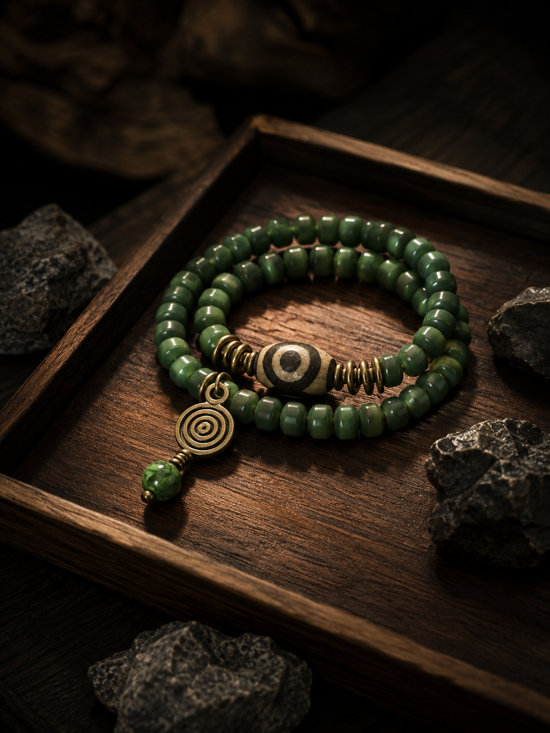 Tibetan Green Bodhi Root & Dzi Bead Wrap Bracelet