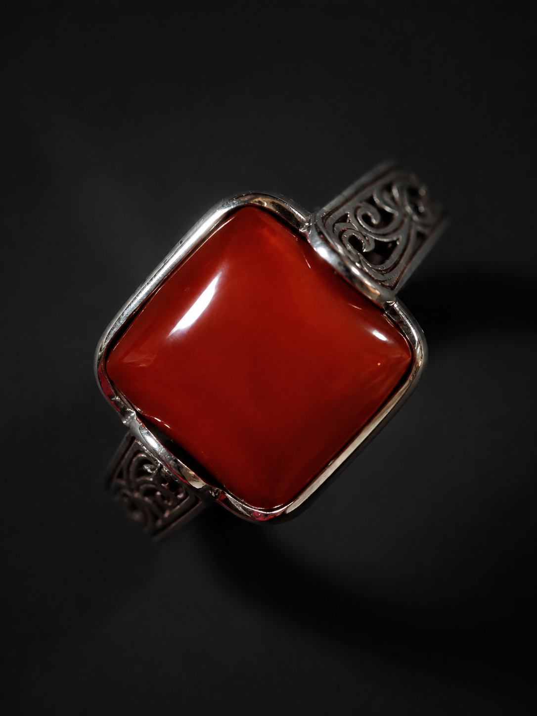 Vintage S925 Silver Nanhong Red Agate Square Ring