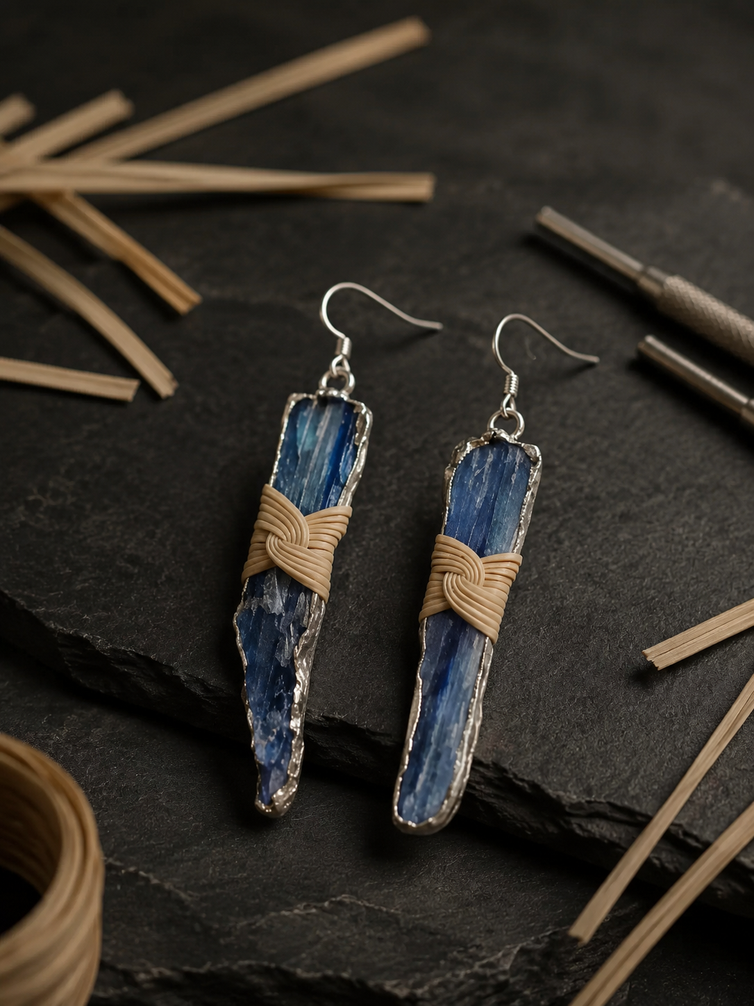 Tibetan Raw Blue Crystal Bamboo Woven Drop Earrings
