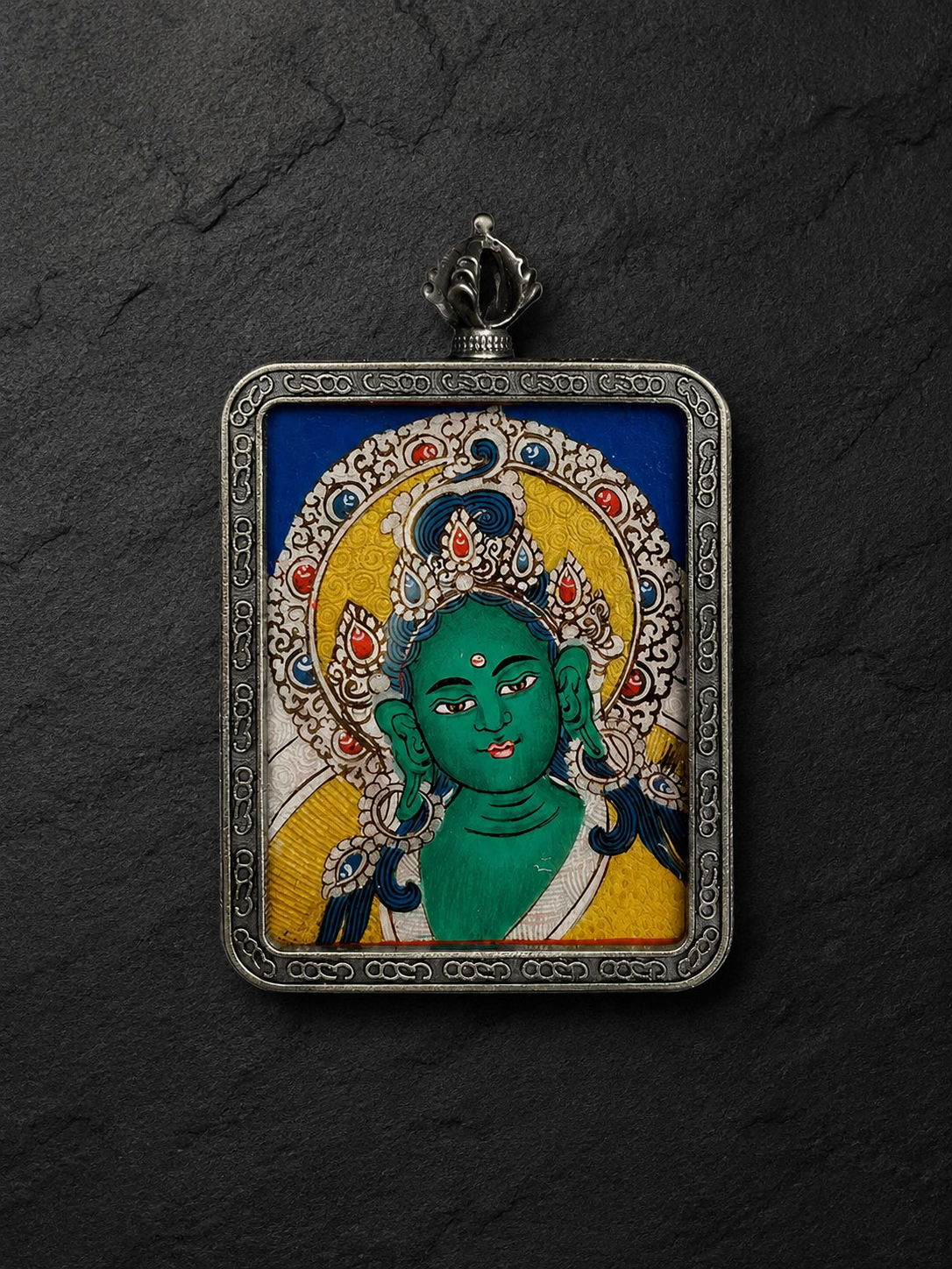 Hand-Painted Tibetan Green Tara Thangka Pendant Amulet