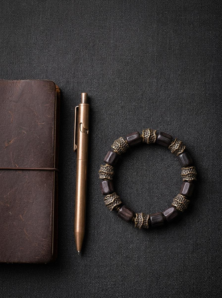 Tibetan Vintage Ebony Wood & Bronze Meditation Bracelet