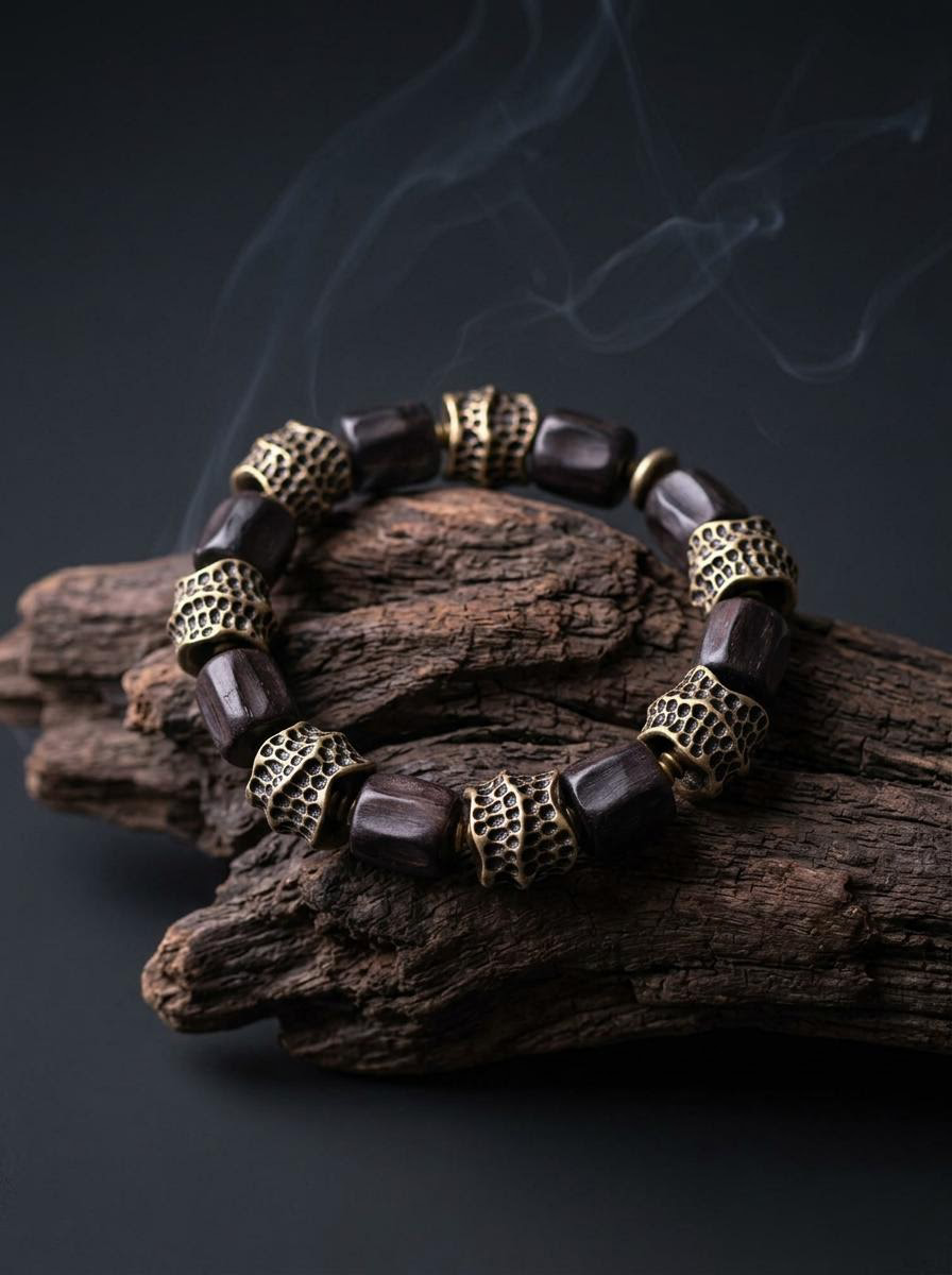 Tibetan Vintage Ebony Wood & Bronze Meditation Bracelet
