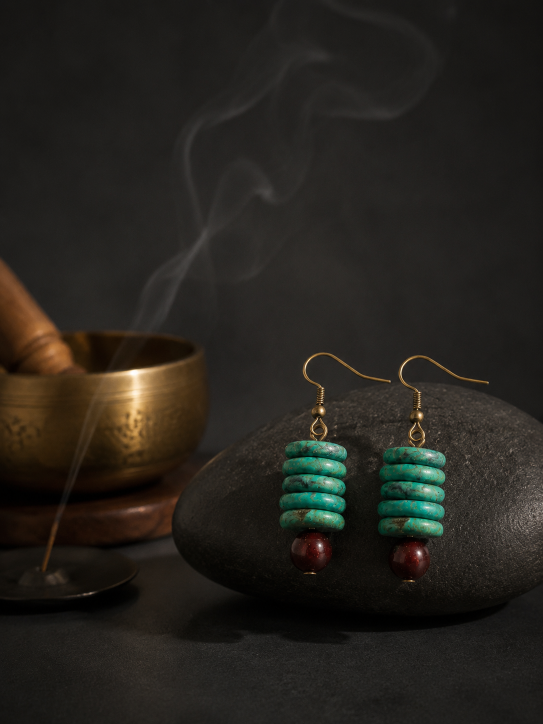 Vintage Tibetan Magnesite & Sandalwood Drop Earrings