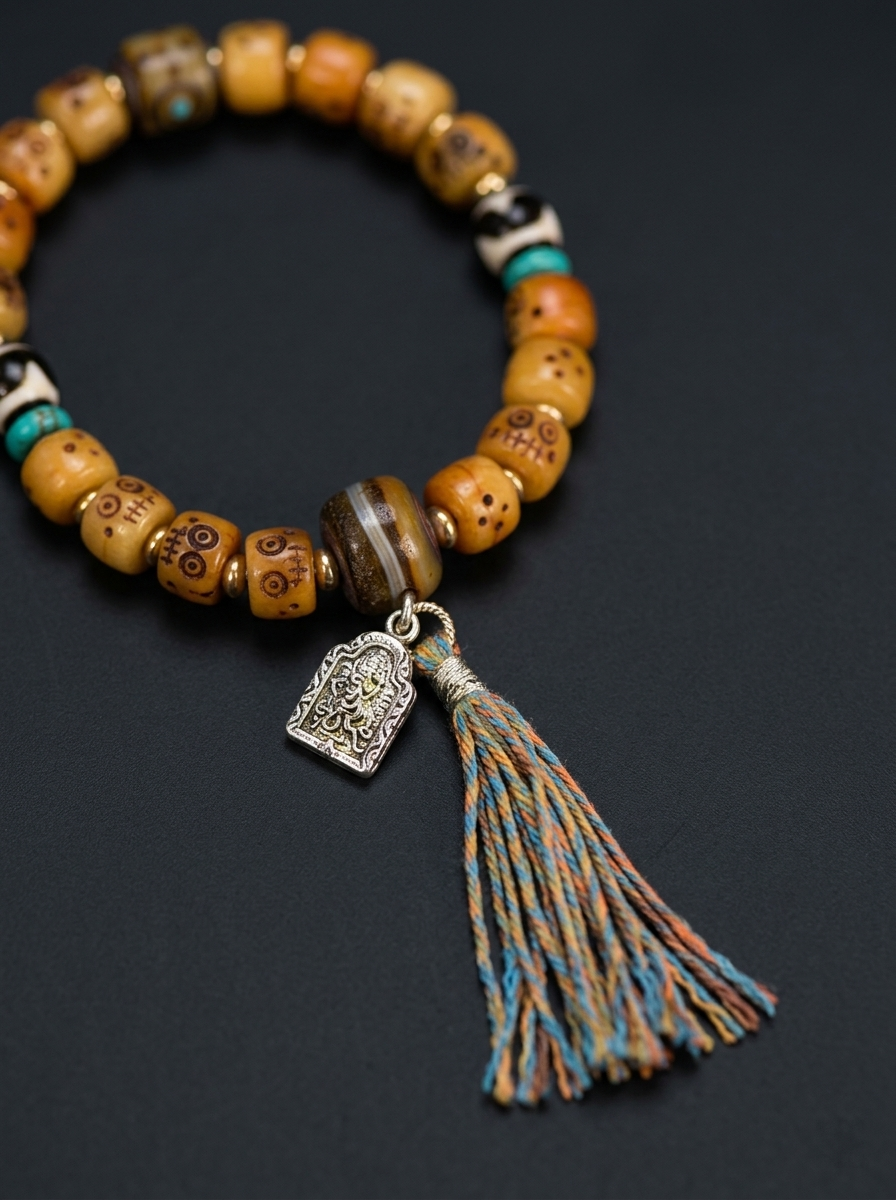 Tibetan Style Carved Bead Unisex Bracelet