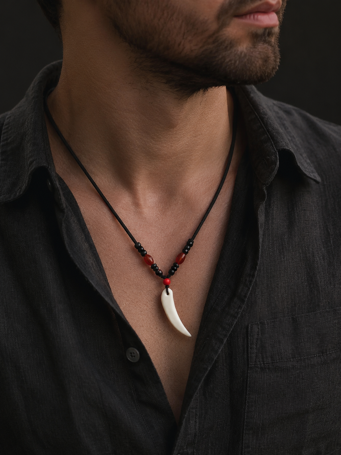Hand-Carved Tibetan Yak Bone Wolf Tooth Amulet Necklace