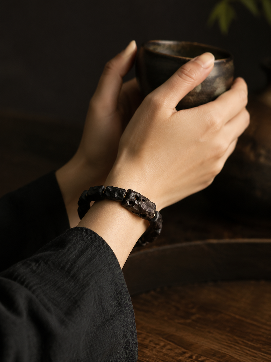 Hand-Carved Vintage Ebony Wood Tibetan Zen Bracelet