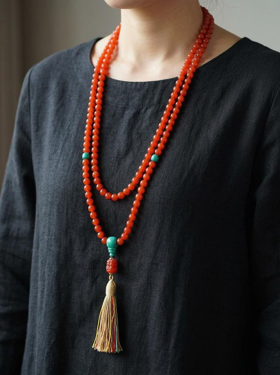 Authentic Tibetan Red Agate 108 Mala Bead Bracelet