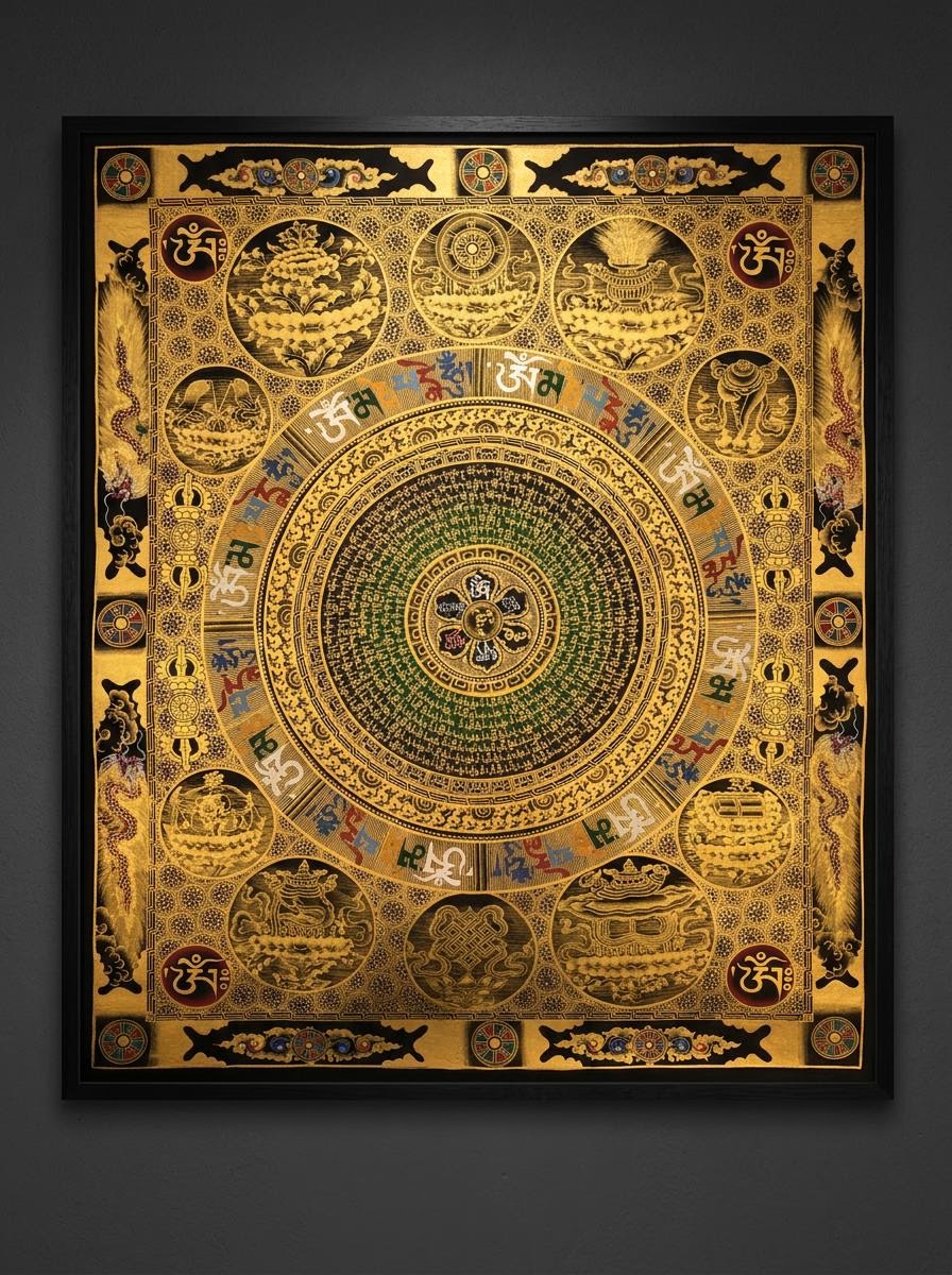 Hand-Painted Tibetan Eight Auspicious Mandala Thangka