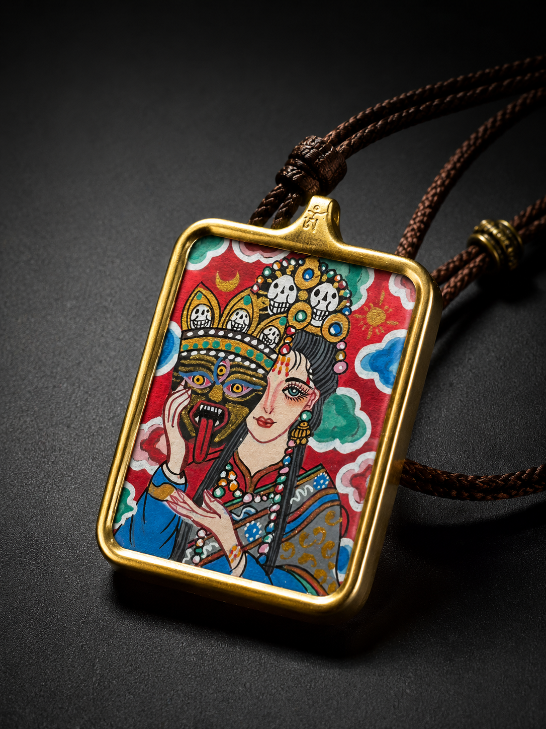 Hand-Painted Tibetan Zhaji Lhamo Thangka Amulet Pendant