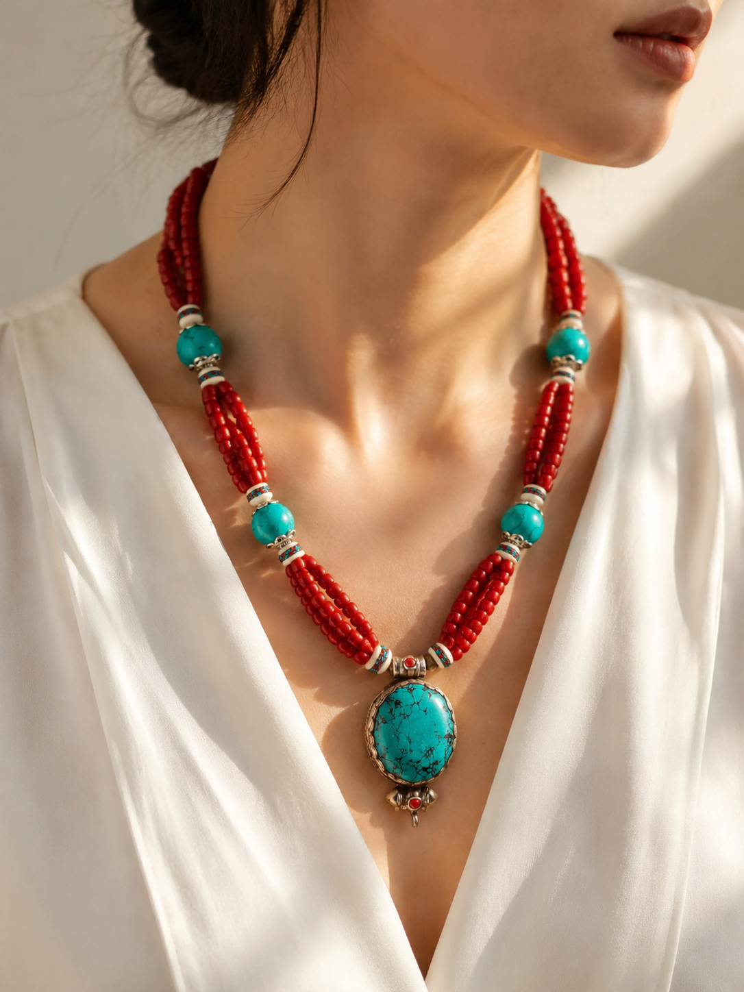 Vintage Tibetan Turquoise & Red Beaded Statement Necklace