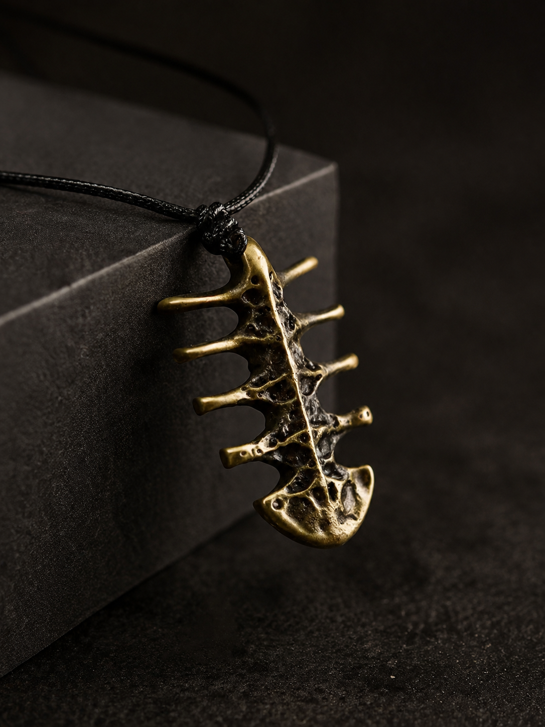 Vintage Brass Fishbone Amulet Pendant Necklace