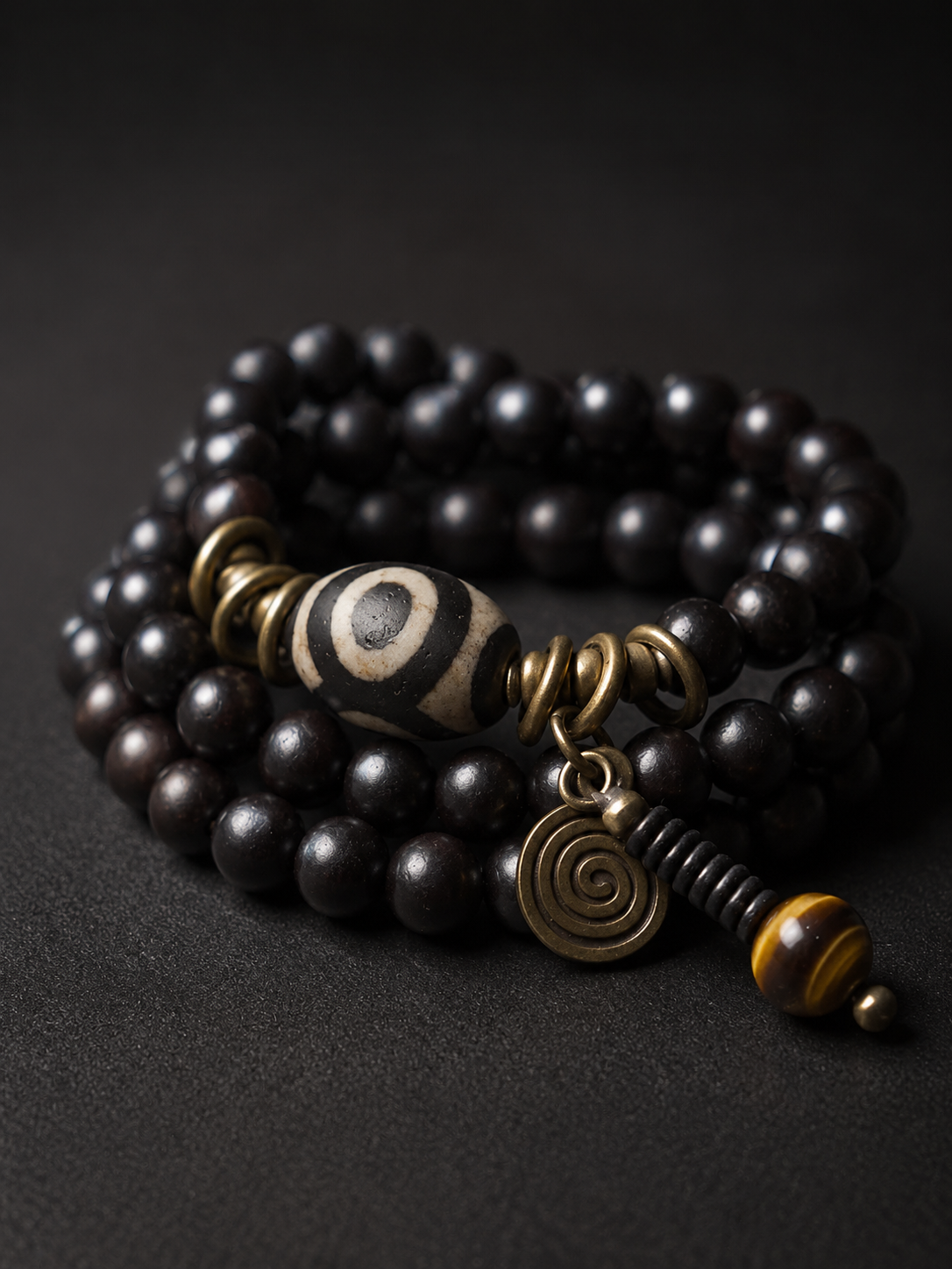 Handmade Tibetan Ebony Wood Dzi Bead Wrap Bracelet