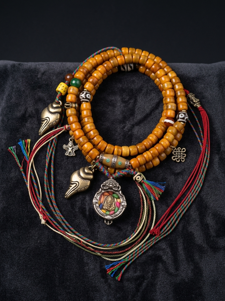 Tibetan Yak Bone 108 Mala Bracelet with Zhaji Lamu Amulet