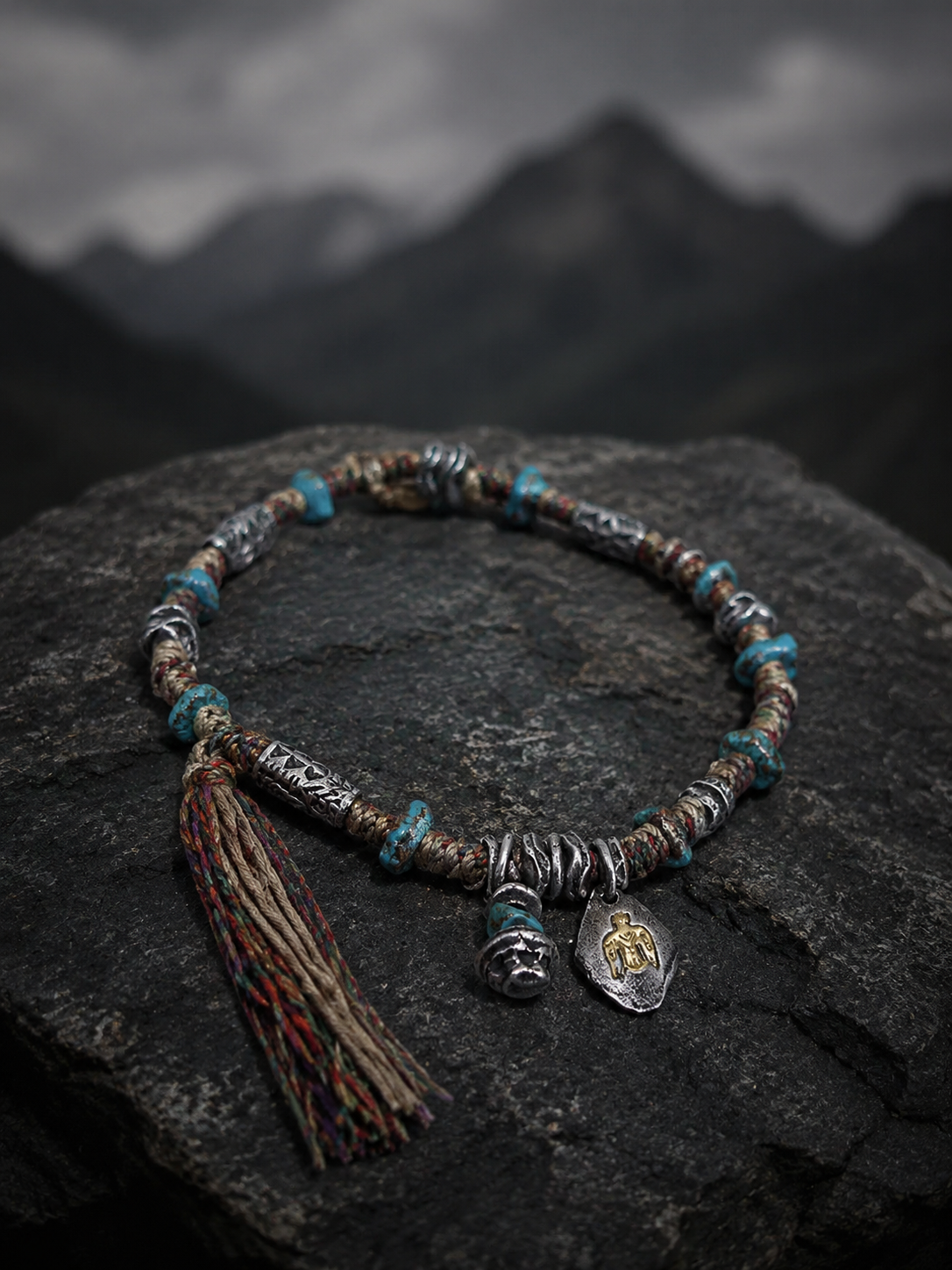 Tibetan Eagle & Mani Stone Vintage Braided Rope Necklace