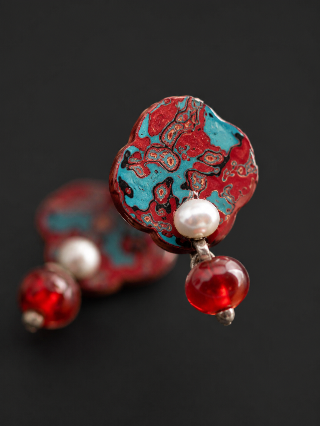 Vintage Tibetan Lacquer-Style Dangle Earrings