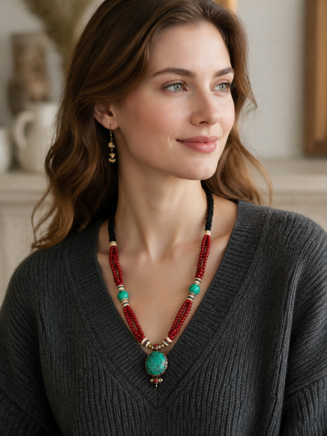Vintage Tibetan Turquoise & Red Beaded Statement Necklace