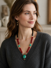Vintage Tibetan Turquoise & Red Beaded Statement Necklace