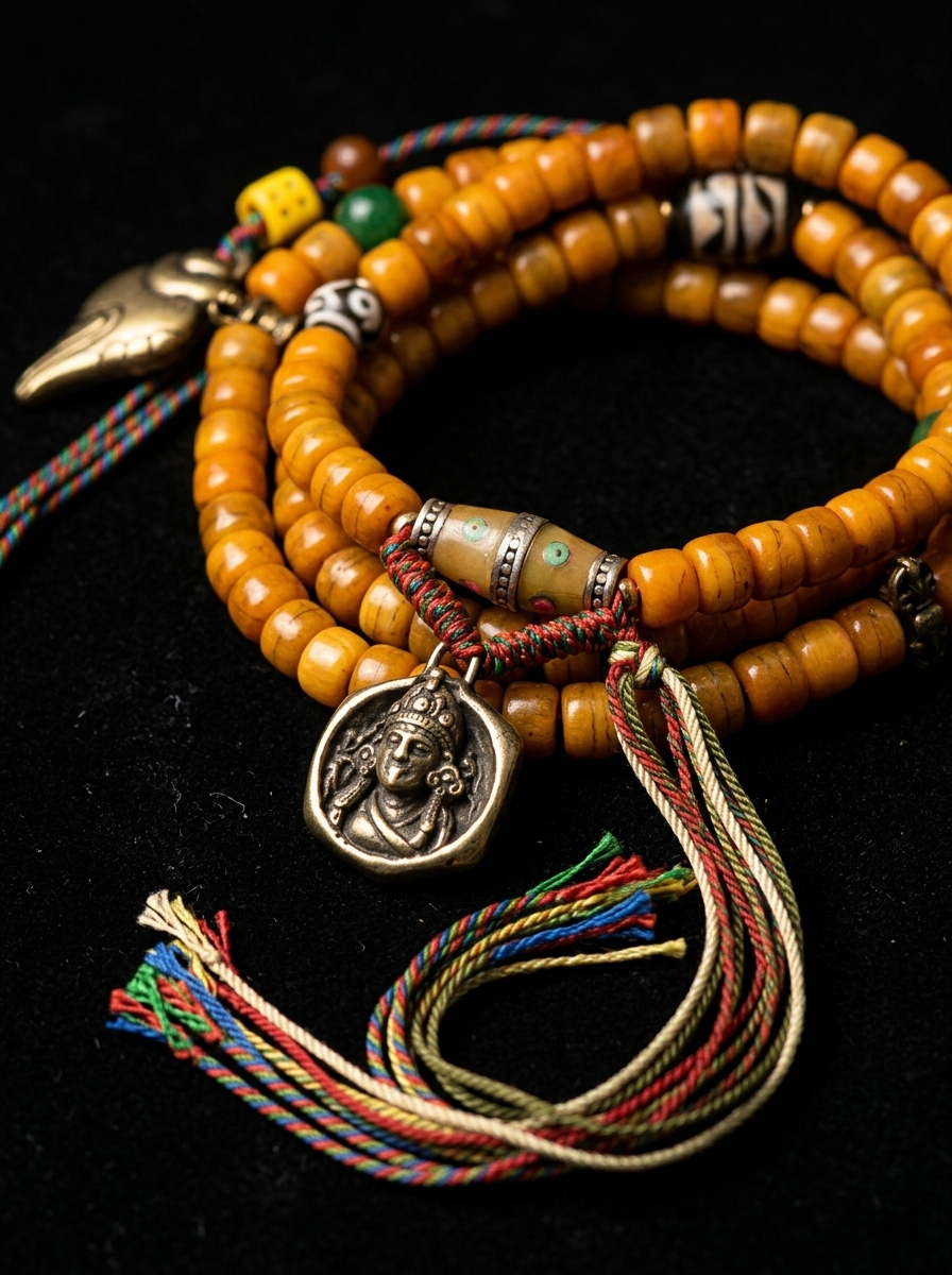 Tibetan Yak Bone 108 Mala Bracelet with Zhaji Lamu Amulet