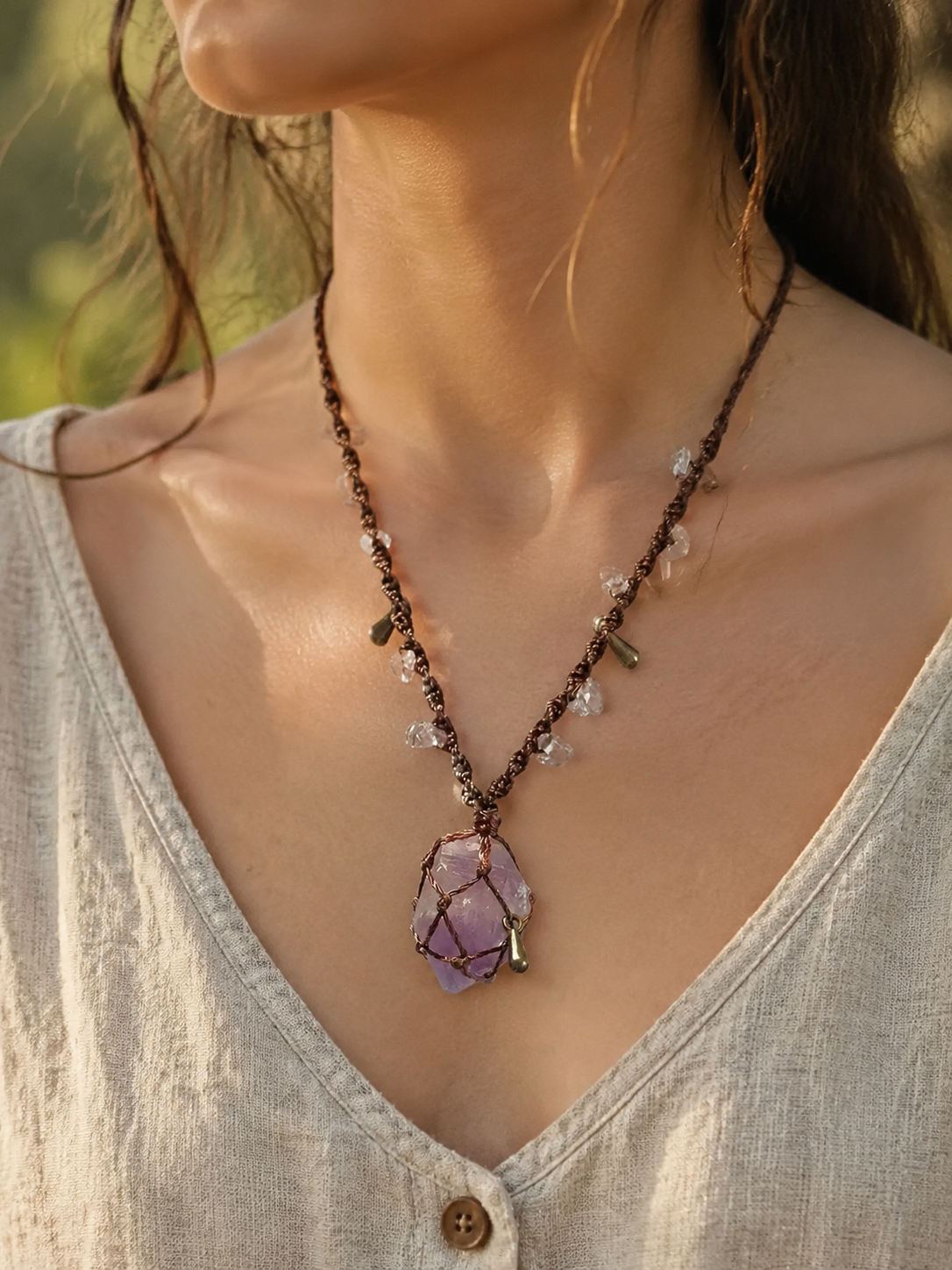 Handmade Tibetan Raw Crystal Macrame Pendant Necklace