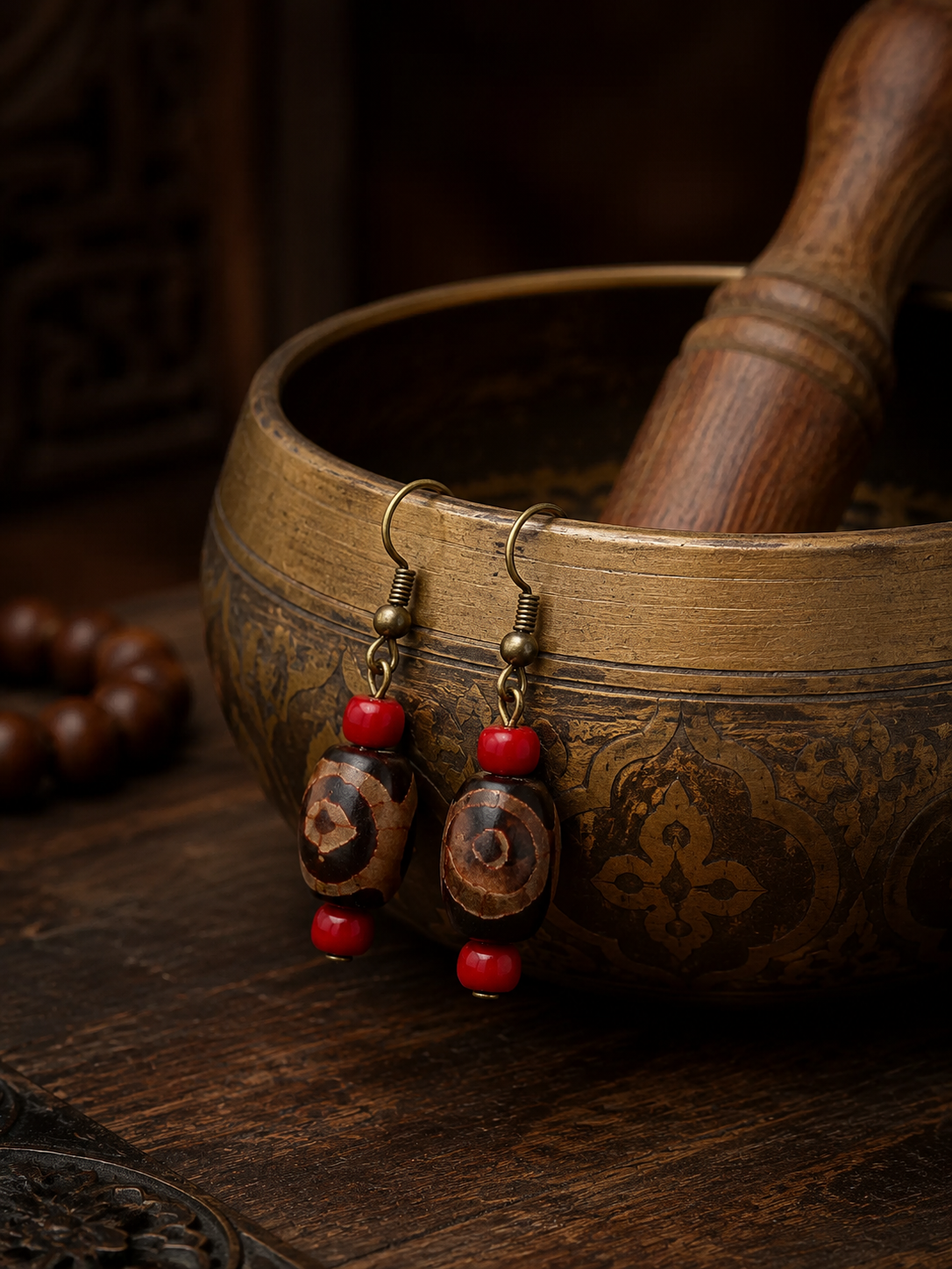 Vintage Tibetan Red Agate Dzi Earrings