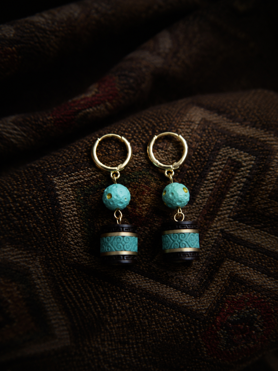 Vintage Tibetan Turquoise & Ebony Wood Drop Earrings