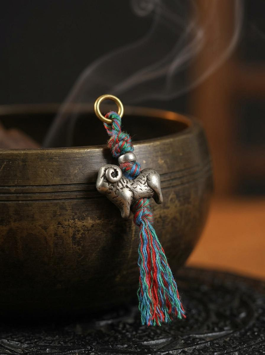 Tibetan White Copper Zodiac Sheep Mala Pendant
