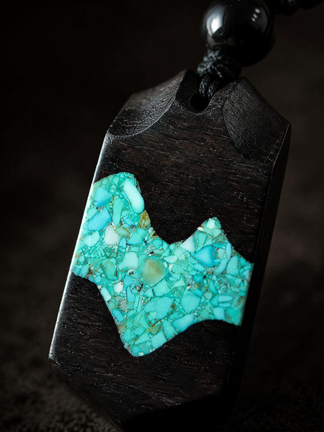 Handmade Tibetan Ebony Wood & Turquoise Mountain Pendant Necklace