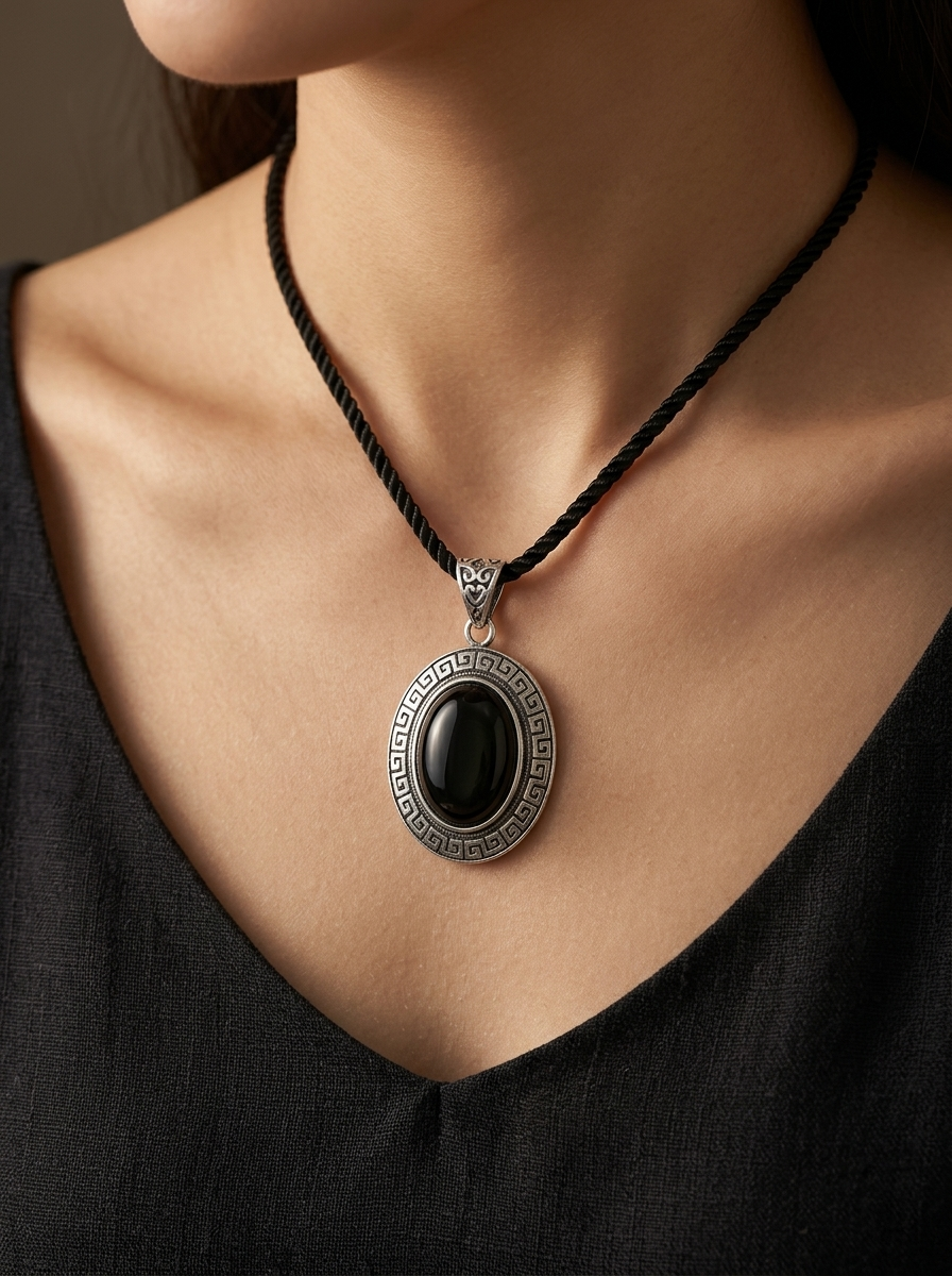 Tibetan Silver Inlaid Obsidian Protection Necklace