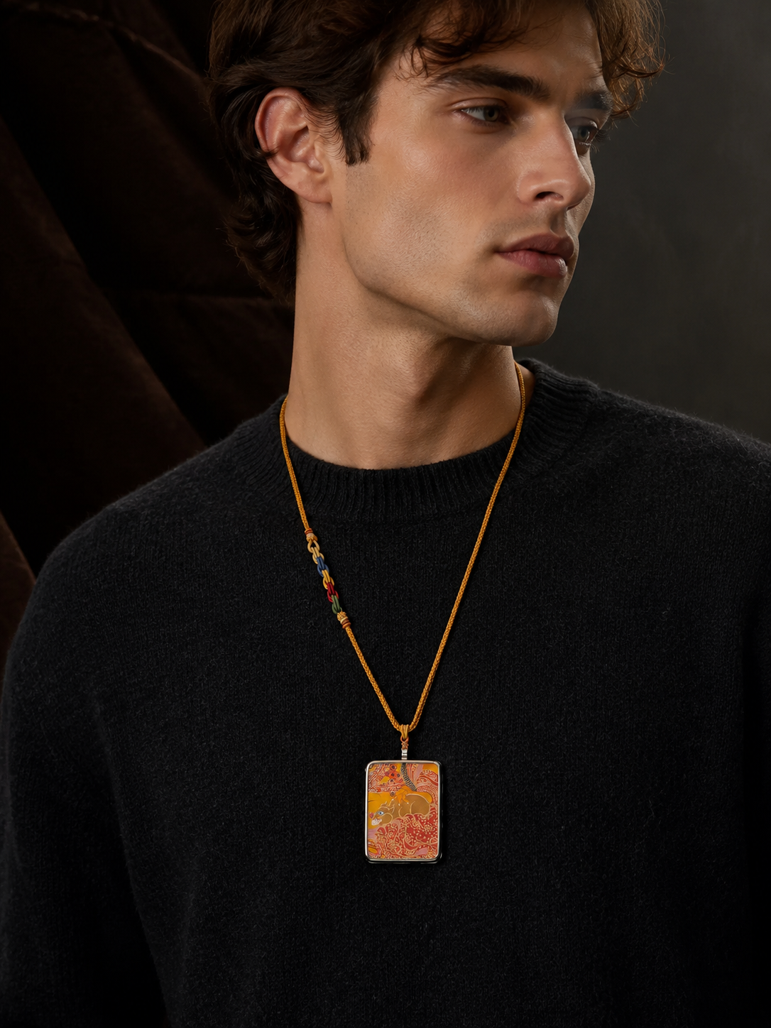 Hand-Painted Yellow Jambhala Thangka Pendant Necklace