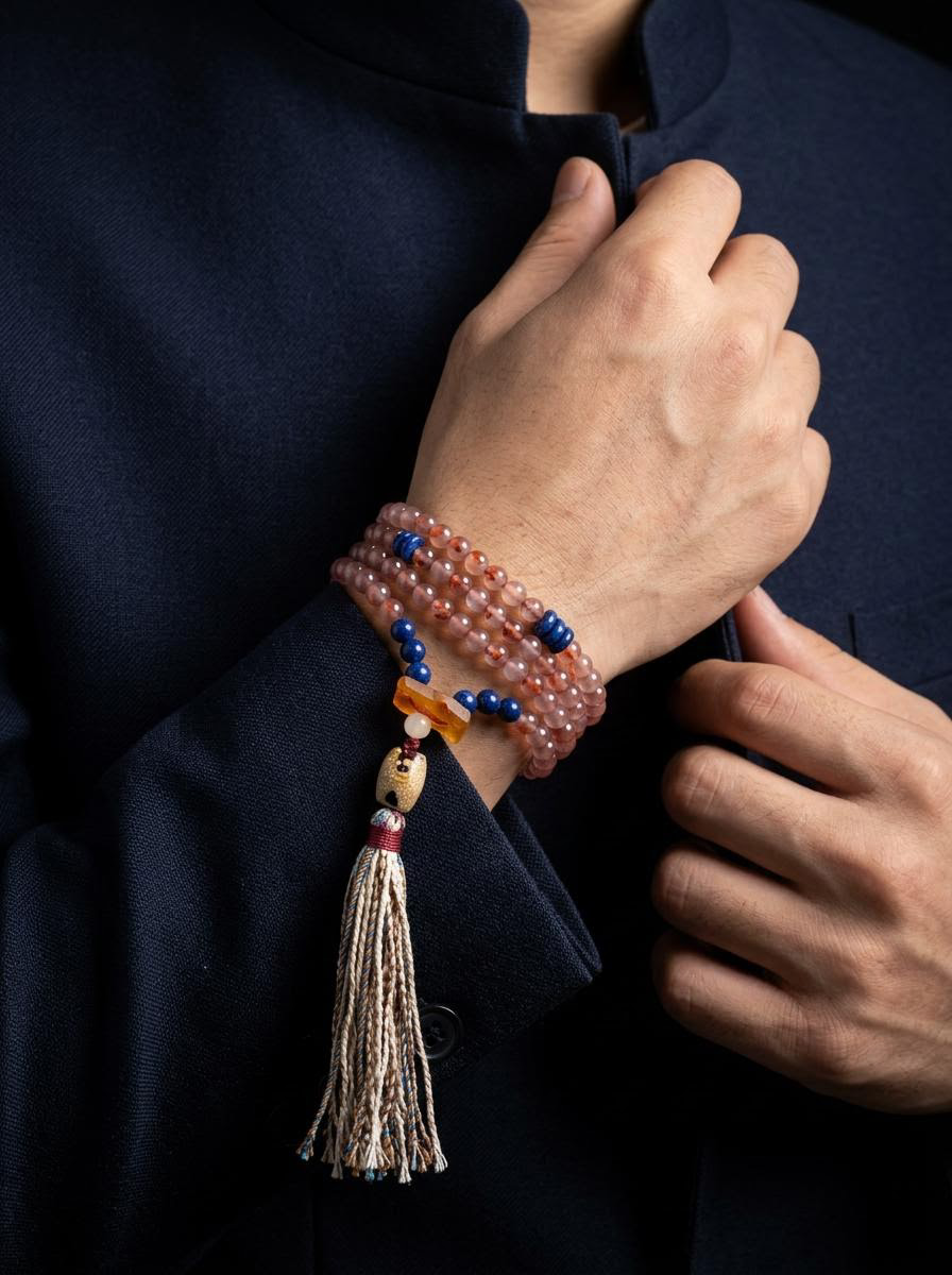 Men's Tibetan Red Agate & Lapis Lazuli 108 Mala Bracelet
