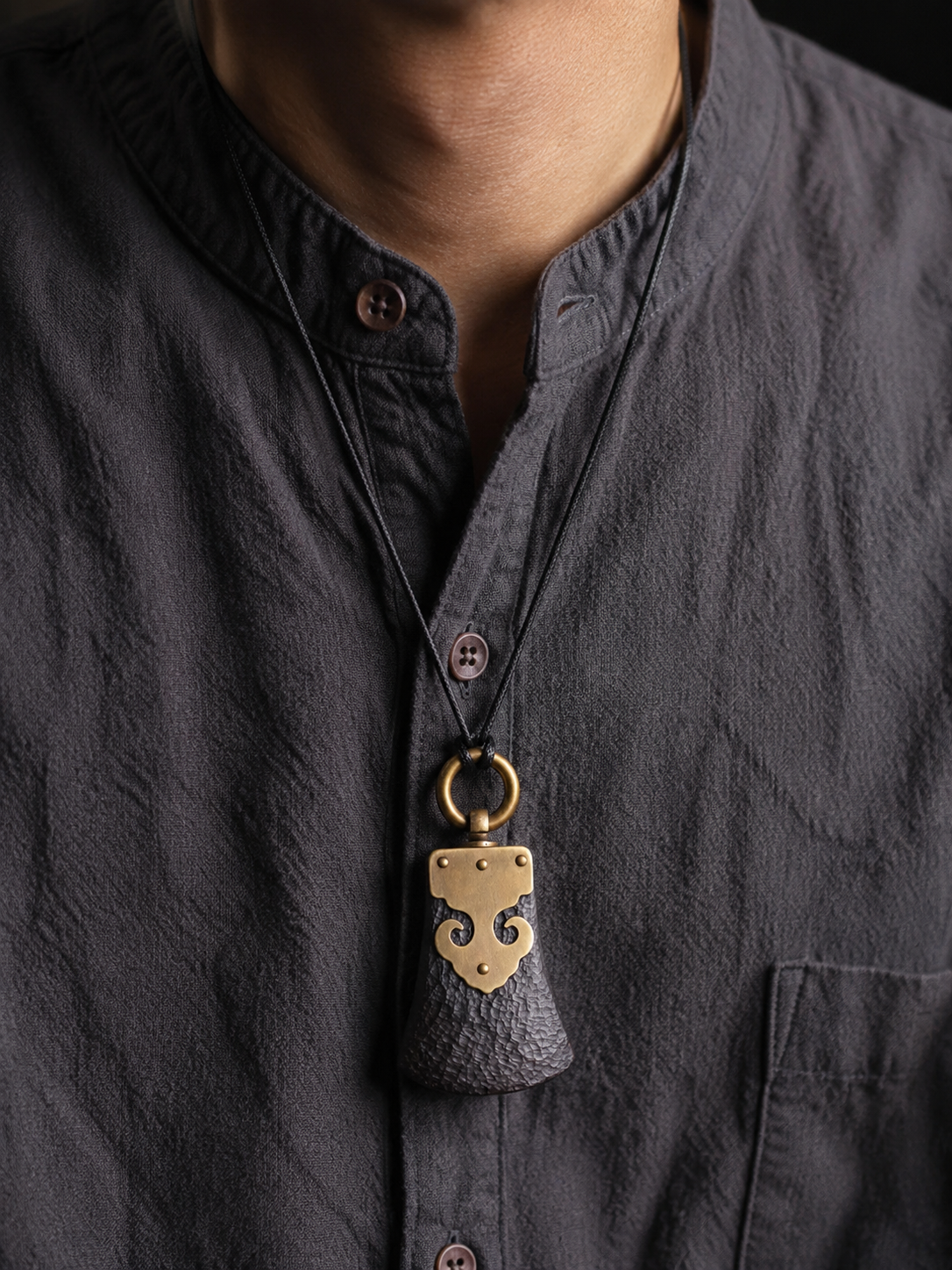 Hand-Carved Ebony & Brass Tibetan Amulet Necklace