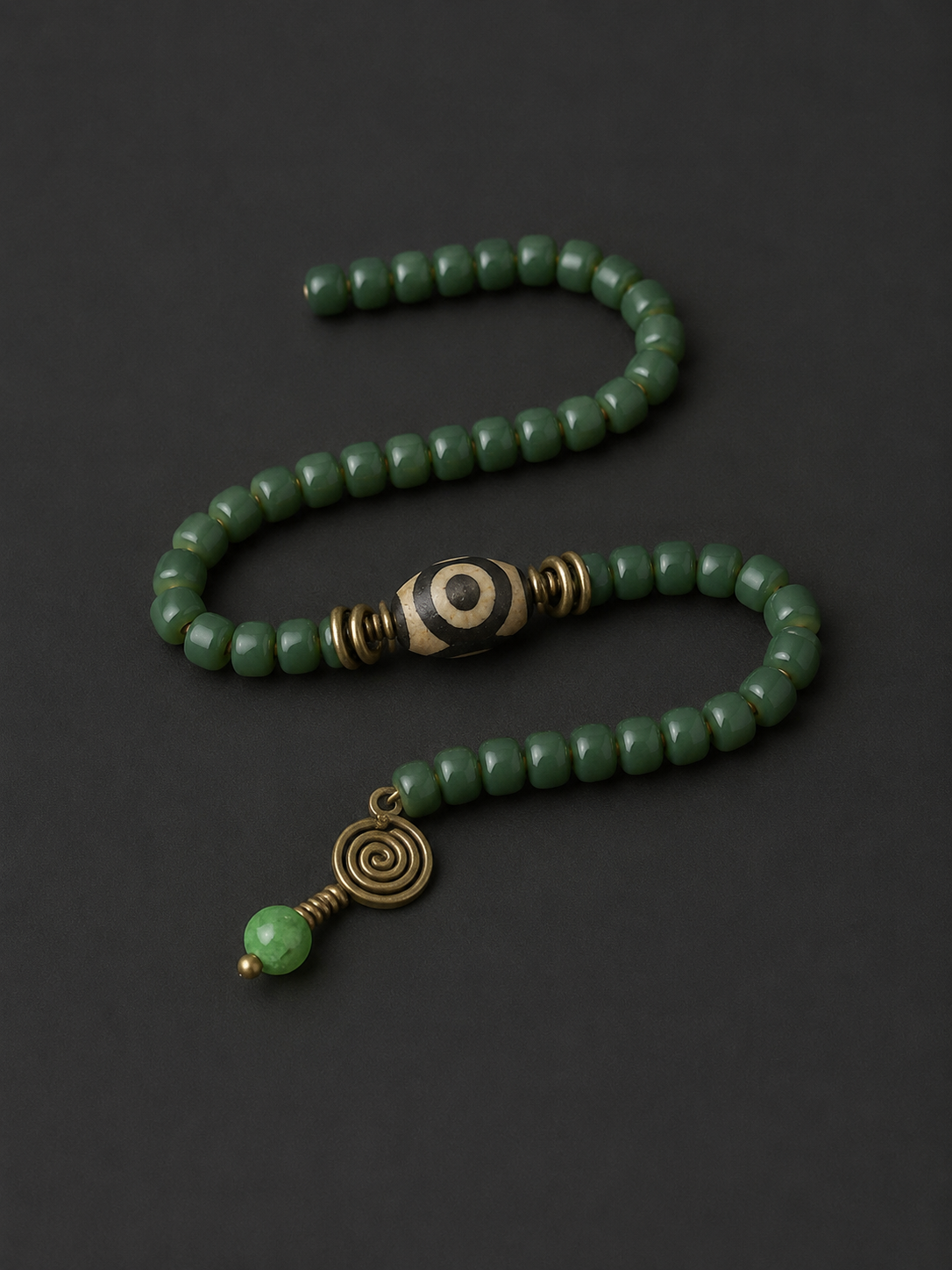 Tibetan Green Bodhi Root & Dzi Bead Wrap Bracelet