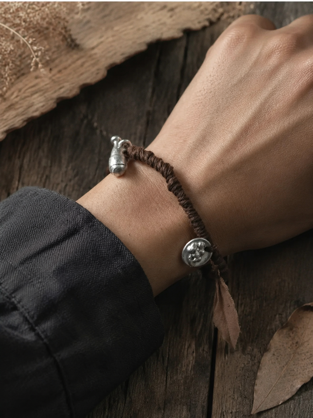 Handmade Plant-Dyed Braided Bracelet with Tibetan Charms