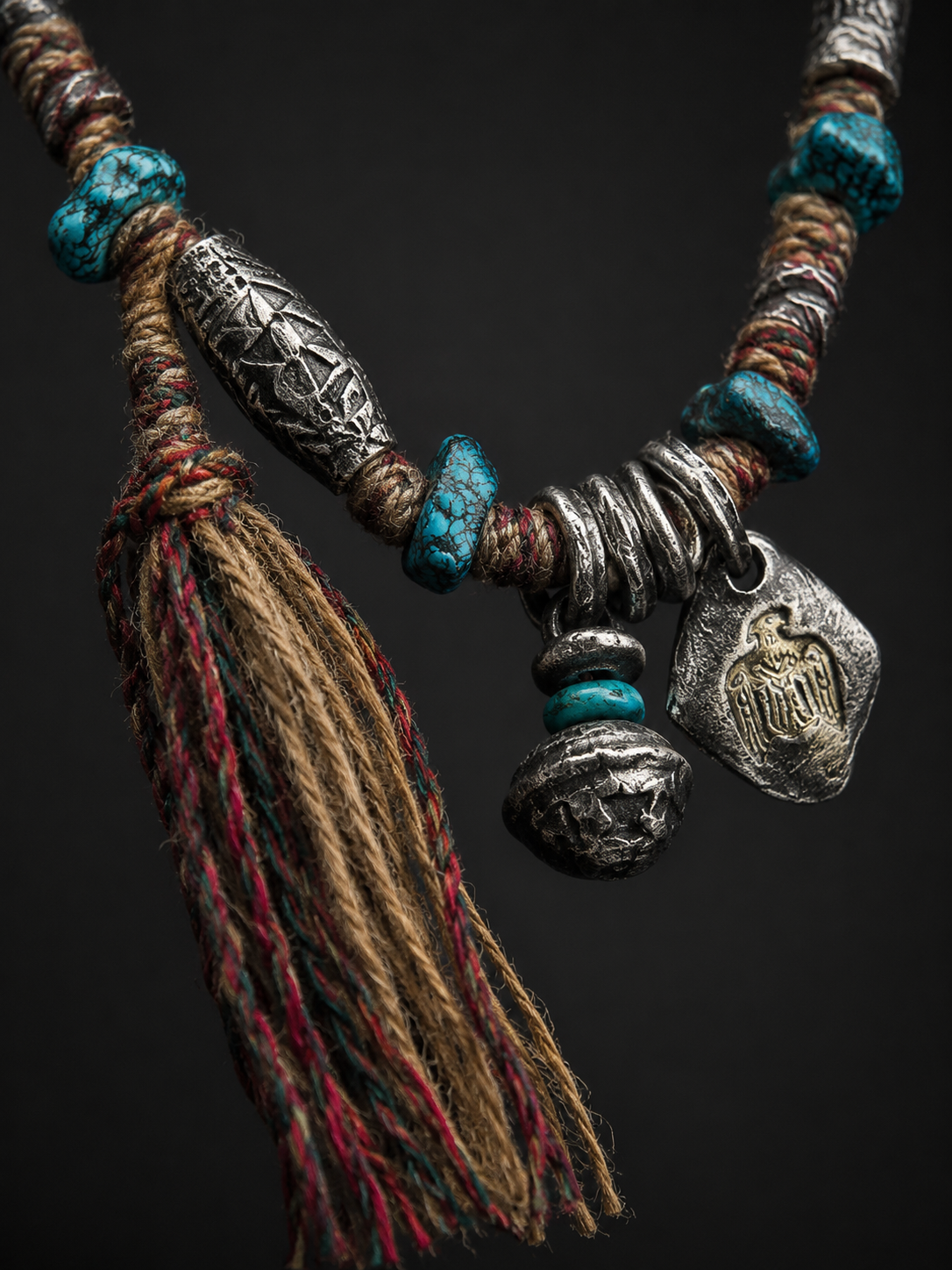 Tibetan Eagle & Mani Stone Vintage Braided Rope Necklace
