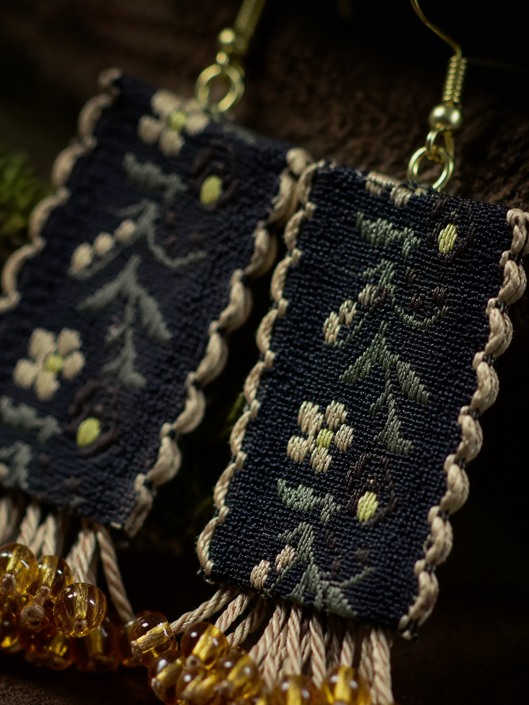 Handmade Ethnic Floral Embroidered Earrings with Amber Beads