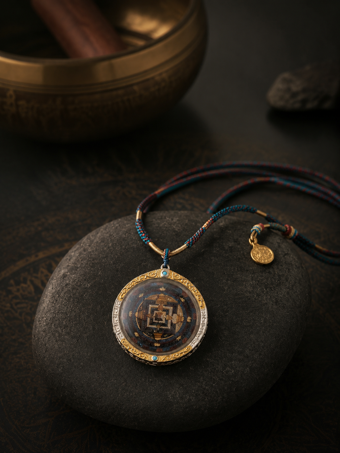 Hand-Painted Tibetan Kalachakra Mandala 925 Silver Pendant Necklace