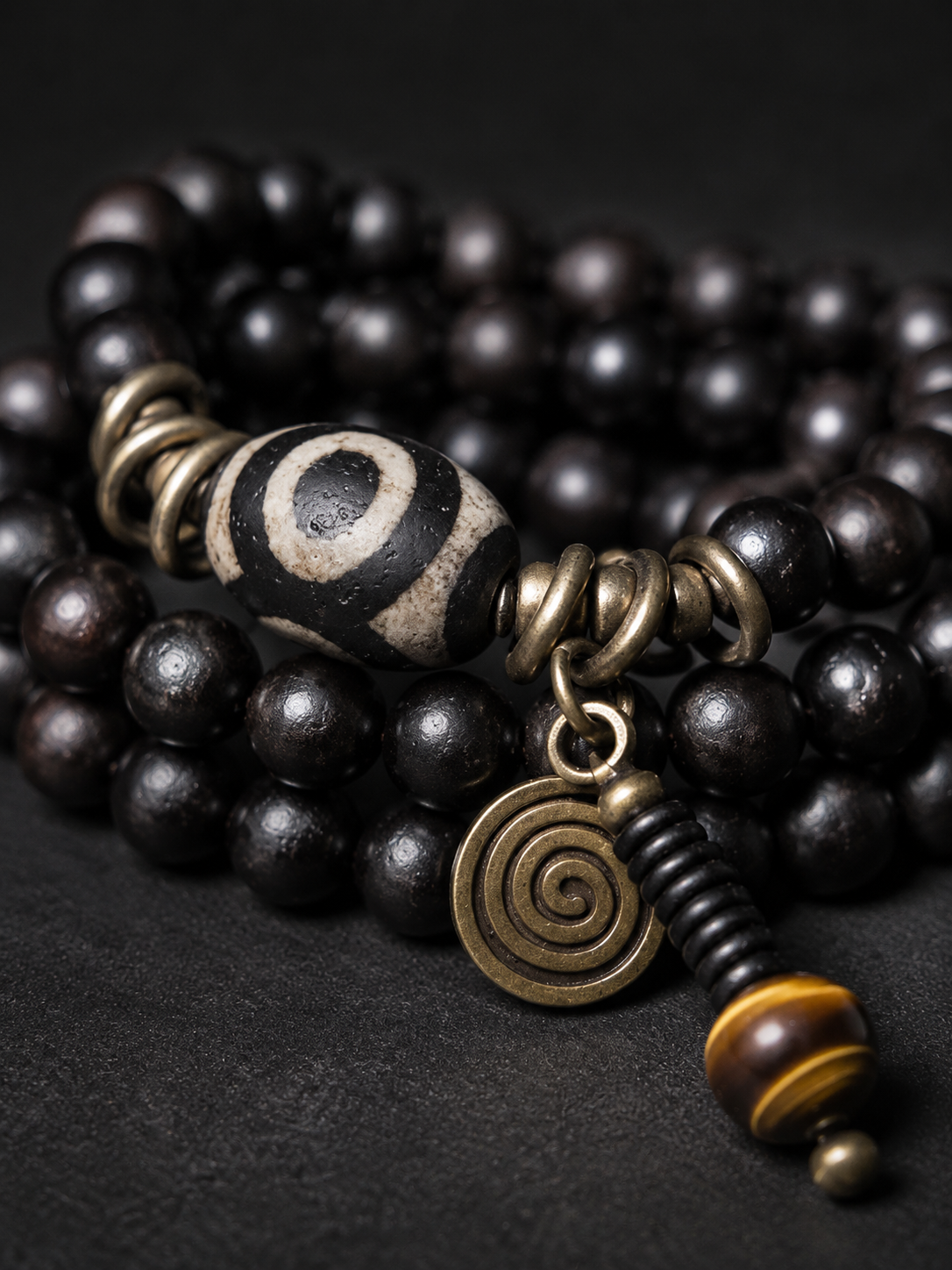 Handmade Tibetan Ebony Wood Dzi Bead Wrap Bracelet
