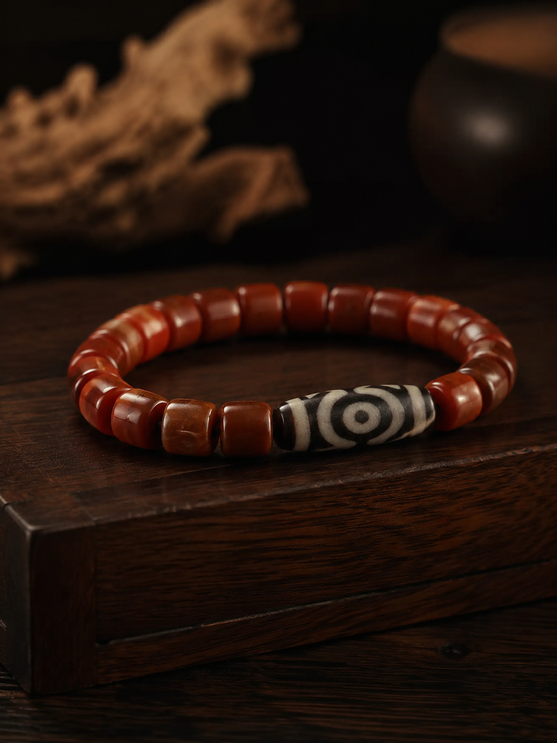 Tibetan 3-Eye Dzi Bead Natural Agate Bracelet