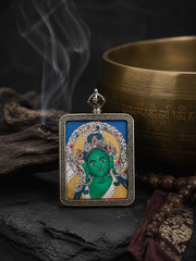 Hand-Painted Tibetan Green Tara Thangka Pendant Amulet
