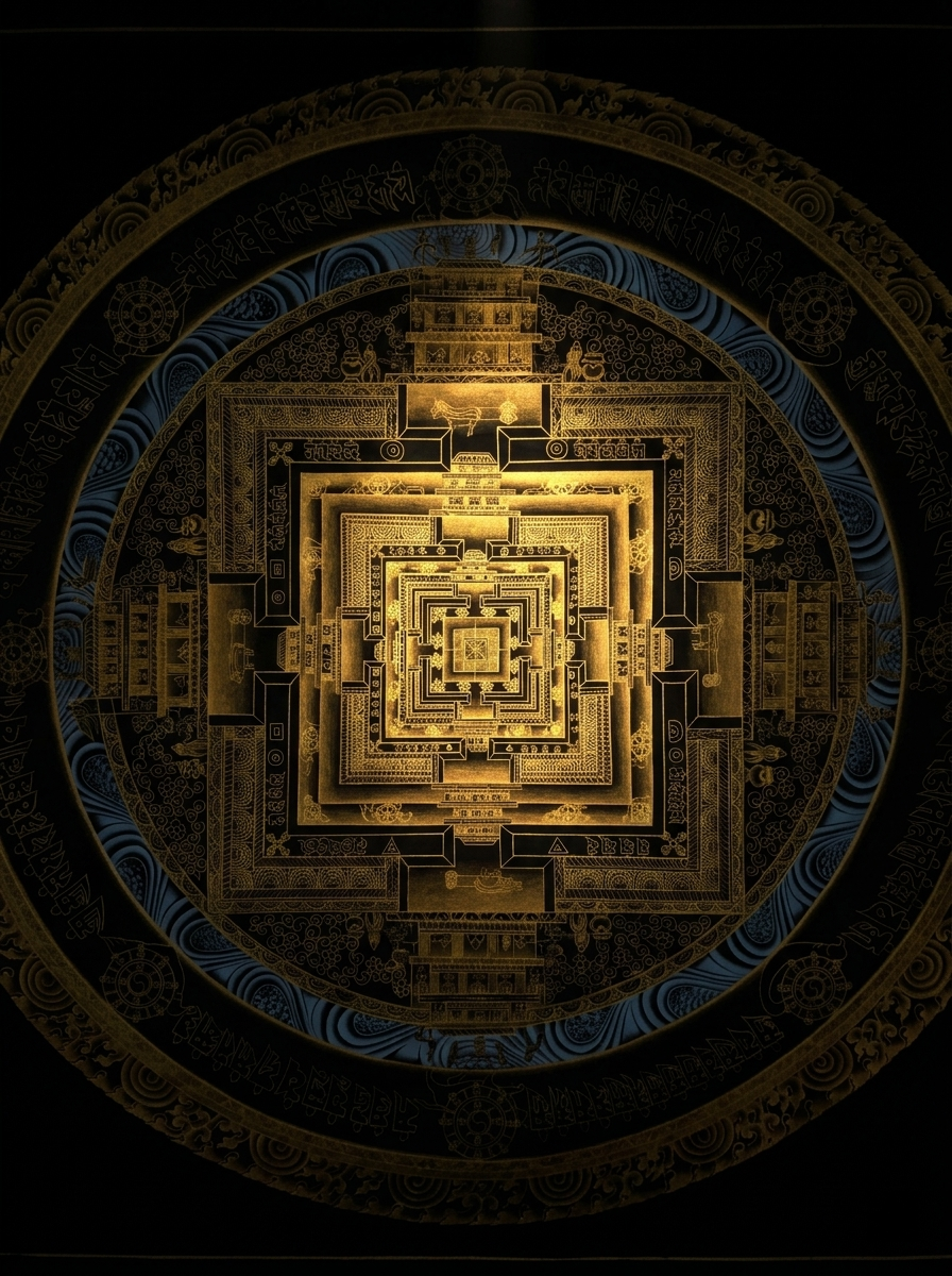 Hand-Painted Black & Gold Kalachakra Mandala Thangka