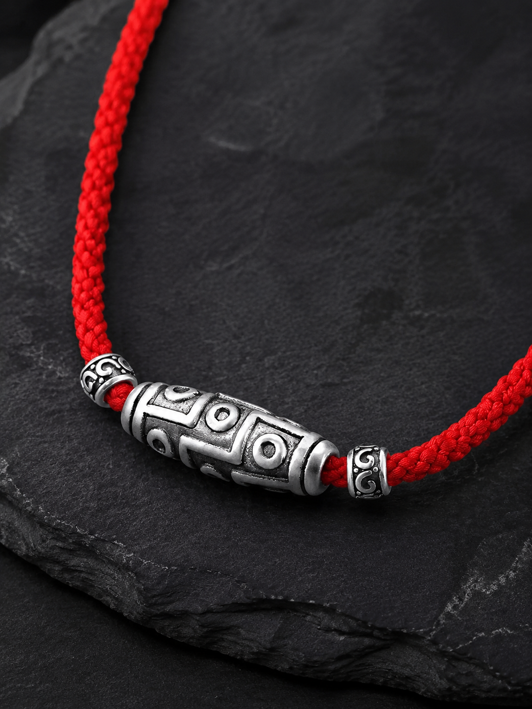 Tibetan 9-Eye Dzi Bead 999 Silver Amulet Necklace
