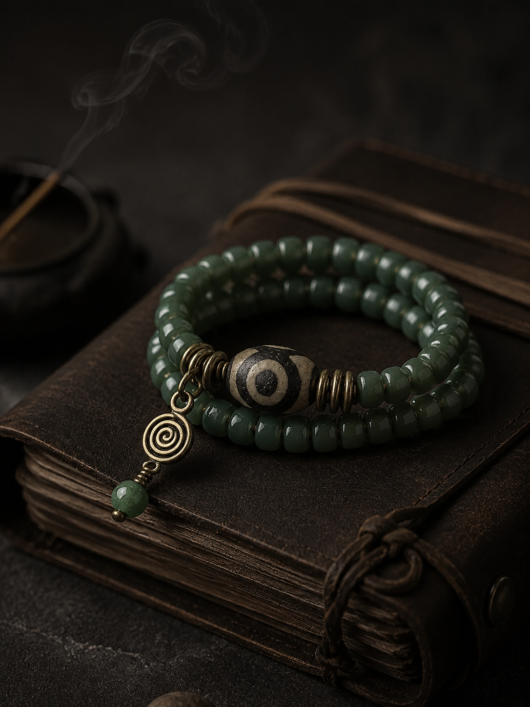 Tibetan Green Bodhi Root & Dzi Bead Wrap Bracelet