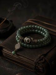 Tibetan Green Bodhi Root & Dzi Bead Wrap Bracelet